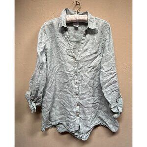 Sigrid Olsen Womens Medium Button Up Casual Linen Shirt Top Gray Roll-Tab Sleeve